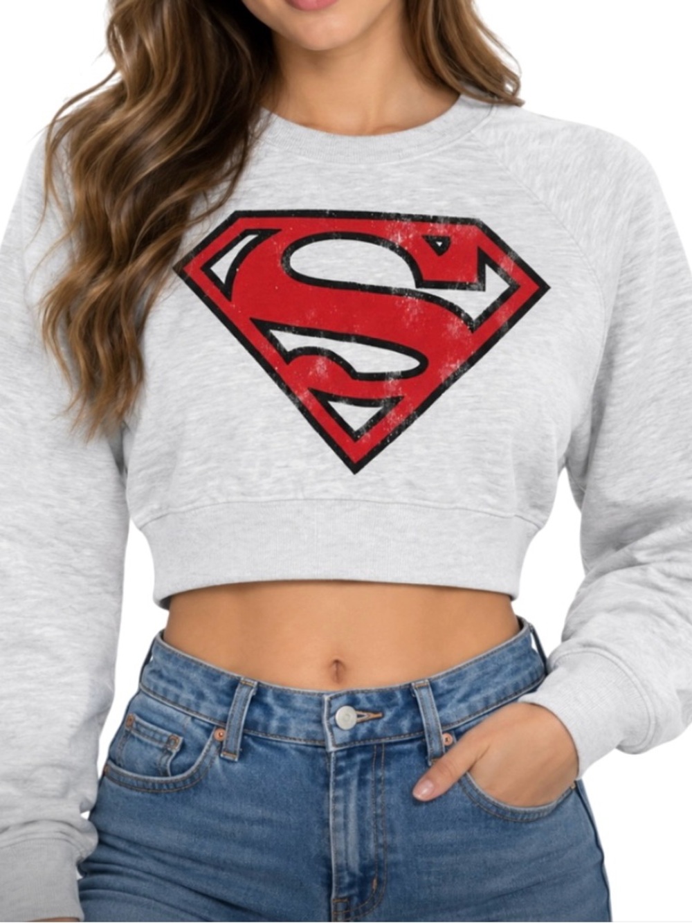Forever 21 Light Gray Cropped Sweatshirt with Red Superman Logo